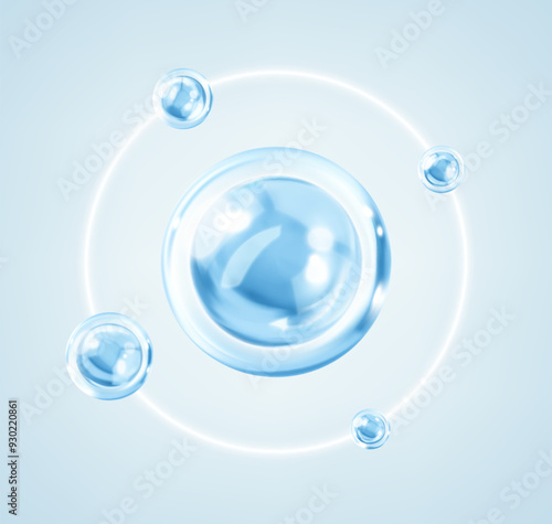 Collagen skin serum. Blue transparent liquid bubbles. Concept skin care cosmetics solution.