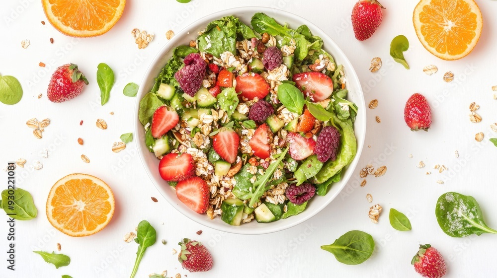 A fresh and healthy meal with muesli, mixed vegetable salad, and colorful fruits like strawberries and oranges, captured from above on a white background. A fresh and healthy meal with muesli, mixed vegetable salad, and colorful fruits like strawberries and oranges, captured from above on a white background.