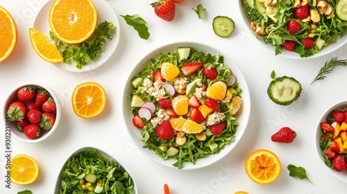 A fresh and healthy meal with muesli, mixed vegetable salad, and colorful fruits like strawberries and oranges, captured from above on a white background.