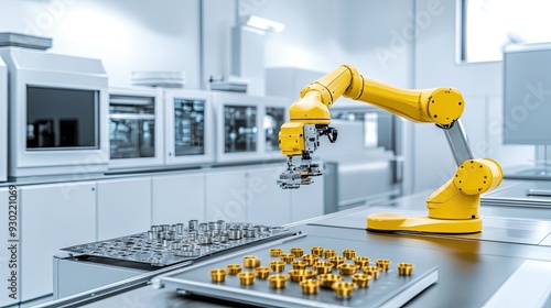 A yellow robotic arm picks up electronic components and places them on a production line table in a bustling factory environment