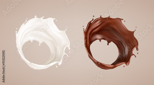 Milk and chocolate splash. Milkshake and melted brown choco. Realistic vector illustration