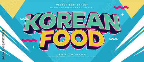 Korean food  text effect on blue background, 3d teal and yellow vector graphic style