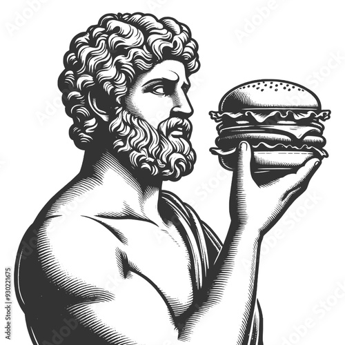 classical statue with burger, ancient art with modern fast food culture sketch engraving generative ai fictional character vector illustration. Scratch board imitation. Black and white image.