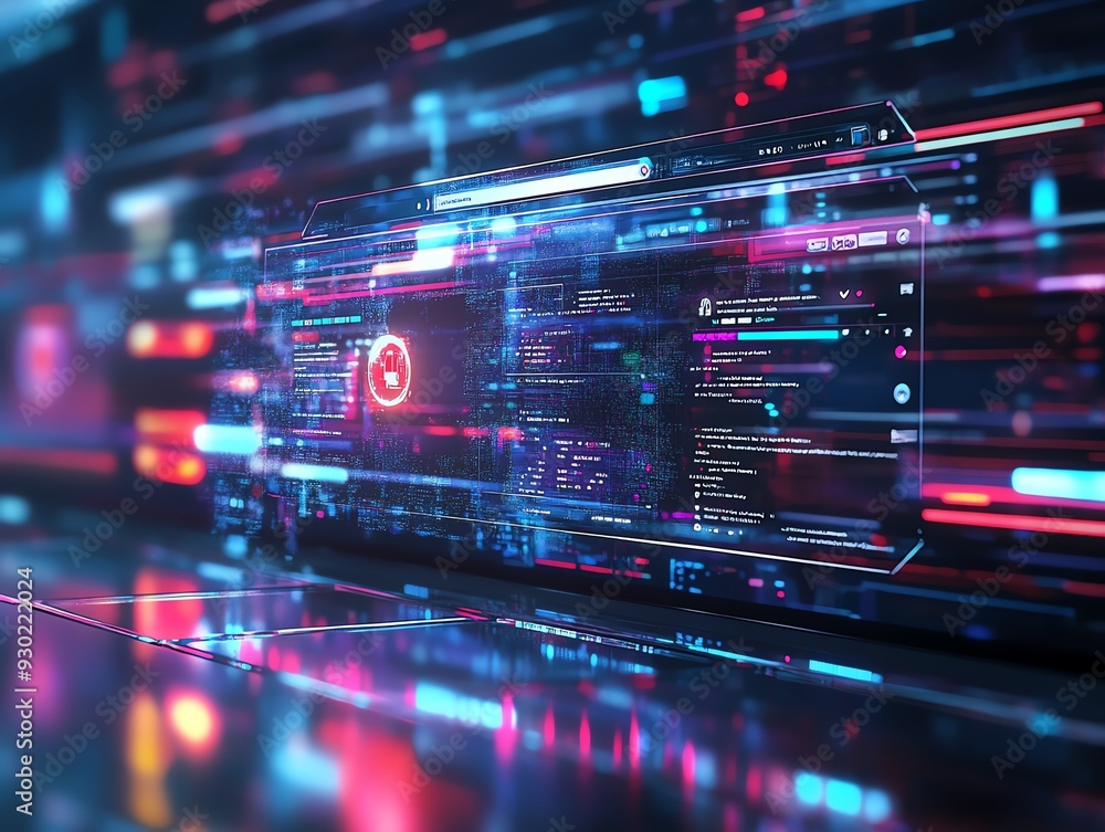 Fototapeta premium Futuristic digital interface displaying vibrant data streams and coding elements, perfect for technology or cyber themes.