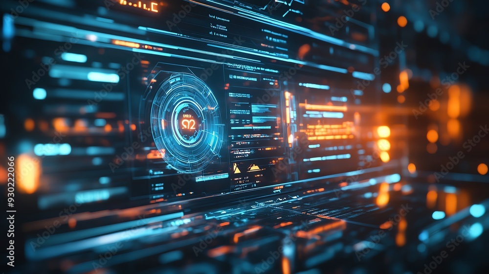 Futuristic digital interface with glowing elements and data visualizations, perfect for technology concepts and modern designs. Futuristic digital interface with glowing elements and data visualizations, perfect for technology concepts and modern designs.
