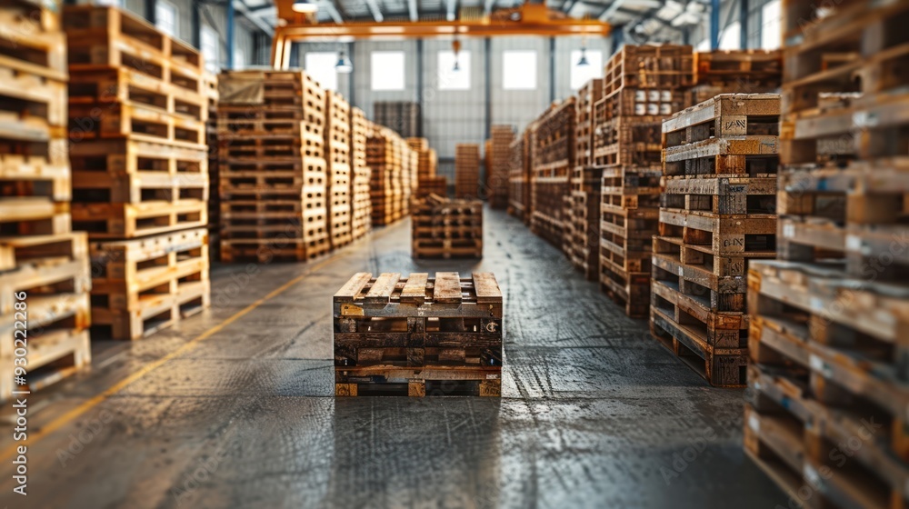 Wooden pallets and boxes in a large warehouse (copy space, storage capacity, vibrant, Blend mode, Commercial warehouse) Wooden pallets and boxes in a large warehouse (copy space, storage capacity, vibrant, Blend mode, Commercial warehouse)