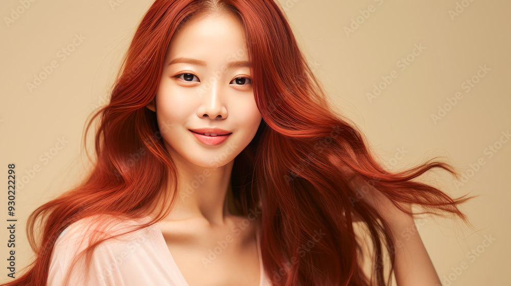 Fototapeta premium Portrait of a beautiful, sexy, smiling, happy Asian woman with long red hair and perfect skin, creamy beige background, banner.