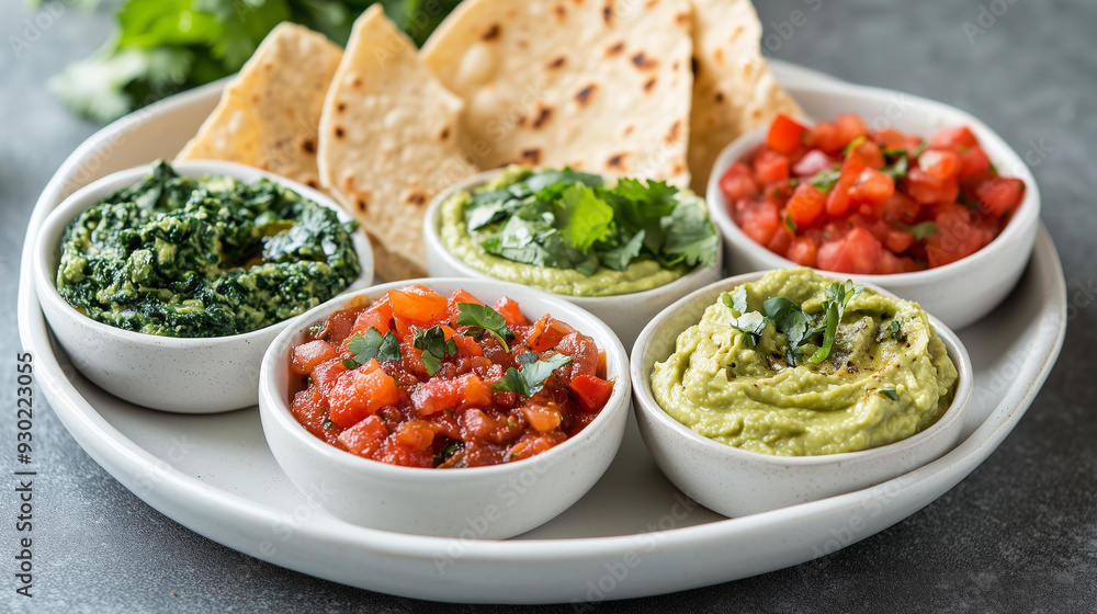 Flavorful Quartet: Guacamole, Salsa, Hummus, and Spinach Artichoke Dip Served in Style Flavorful Quartet: Guacamole, Salsa, Hummus, and Spinach Artichoke Dip Served in Style