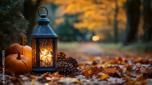 Vintage lantern, pumpkins, spruce branches and spruce cones on a carpet of fall leaves with bokeh effect in the background. Thanksgiving background, card, wallpaper
