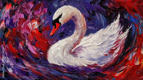 Fototapeta Naklejka Na Ścianę i Meble -  A white swan in a swirling, abstract oil painting with a red, purple, and blue background.