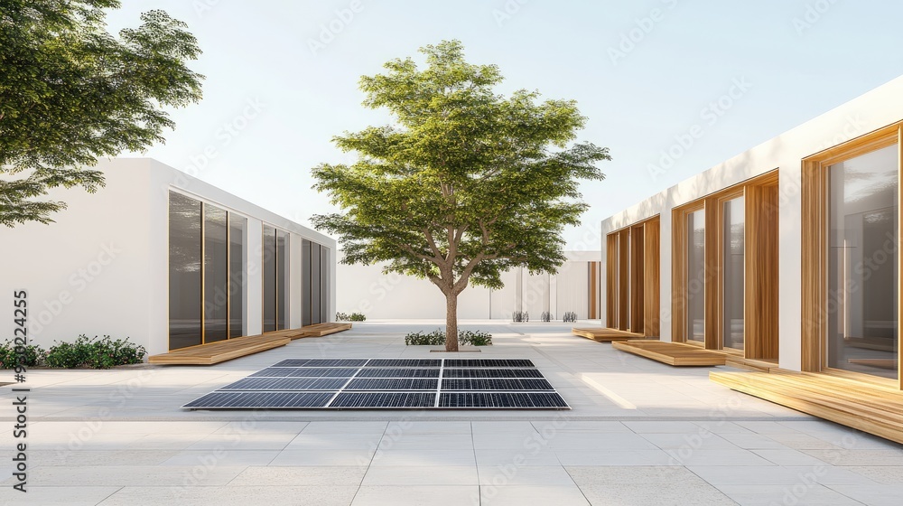 Sleek white stone townhouses featuring large windows and solar panels, surrounded by vibrant greenery and designed for natural light and modern living Sleek white stone townhouses featuring large windows and solar panels, surrounded by vibrant greenery and designed for natural light and modern living