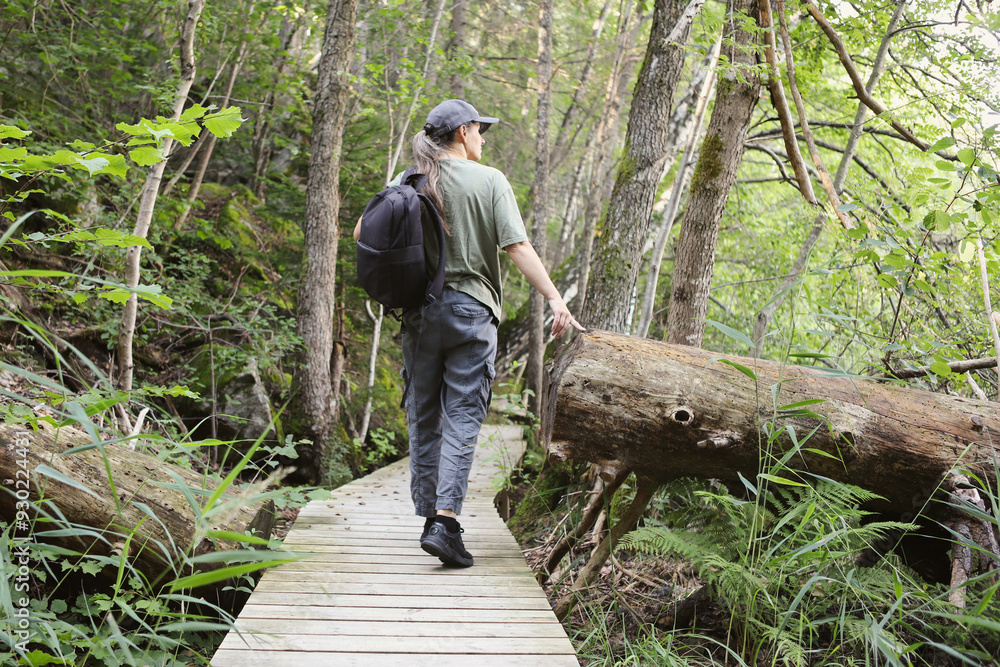 Woman walking on wooden plank path by the lake. Woman hiking in forest near lake in Norway, Oslo. Woman walking on wooden plank path by the lake. Woman hiking in forest near lake in Norway, Oslo.