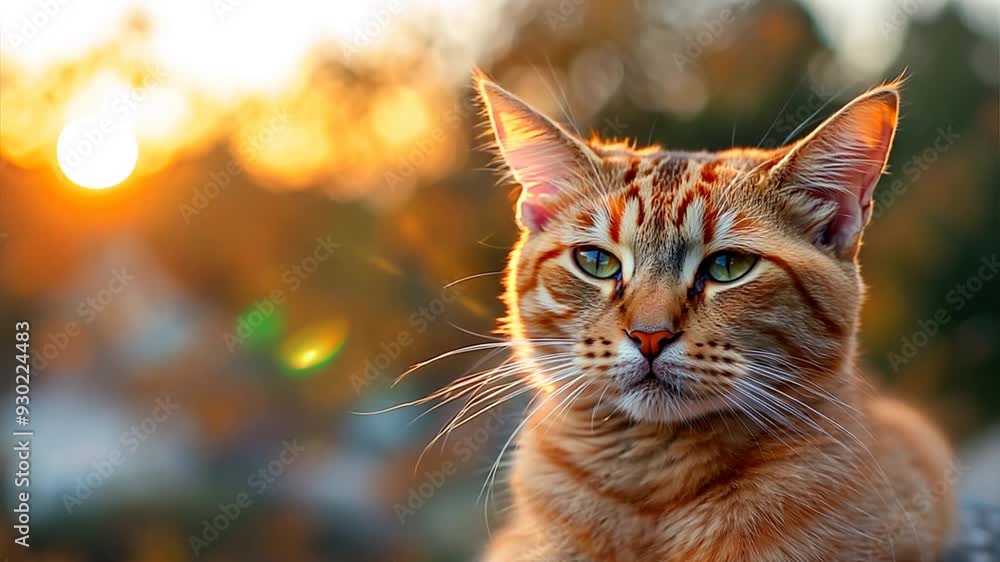 Golden Hour Gaze: A majestic tabby cat basks in the warm glow of sunset, its piercing green eyes reflecting the serene beauty of nature. Golden Hour Gaze: A majestic tabby cat basks in the warm glow of sunset, its piercing green eyes reflecting the serene beauty of nature.