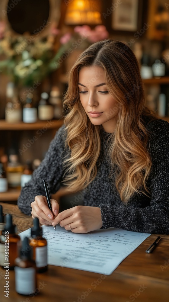 Fototapeta premium A woman sitting at a table writing on a piece of paper