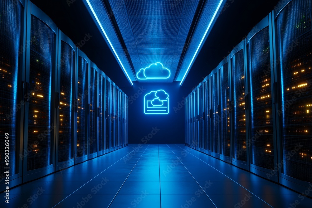 Illuminated corridor of a data center with a glowing cloud icon ...