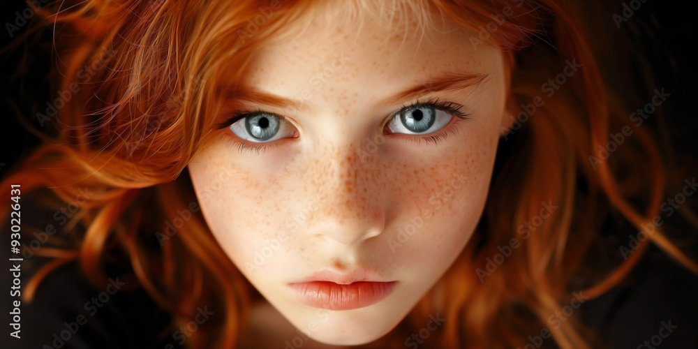 Fototapeta premium a young girl with red hair, freckles, and intense blue eyes