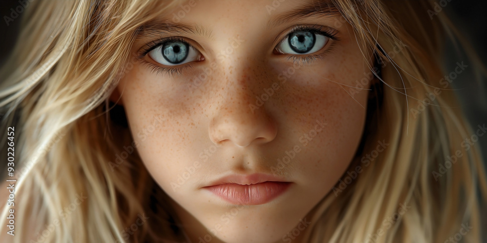 young girl with blonde hair, freckles, and intense blue eyes young girl with blonde hair, freckles, and intense blue eyes