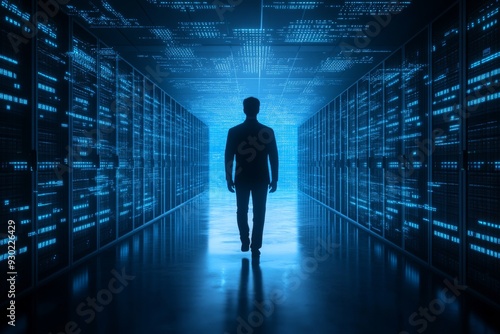 Person standing in a data center corridor symbolizing the human role in managing and securing vast amounts of digital data within a high tech modern technological environment