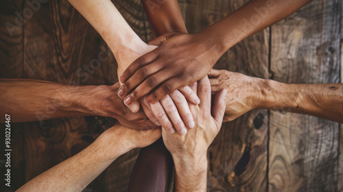 Top view of diverse hands holding together in unity and support photo