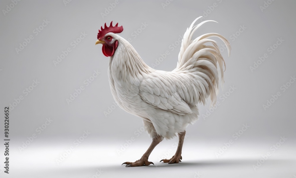 Fototapeta premium A white rooster with a vibrant red crest is standing on a clean white surface