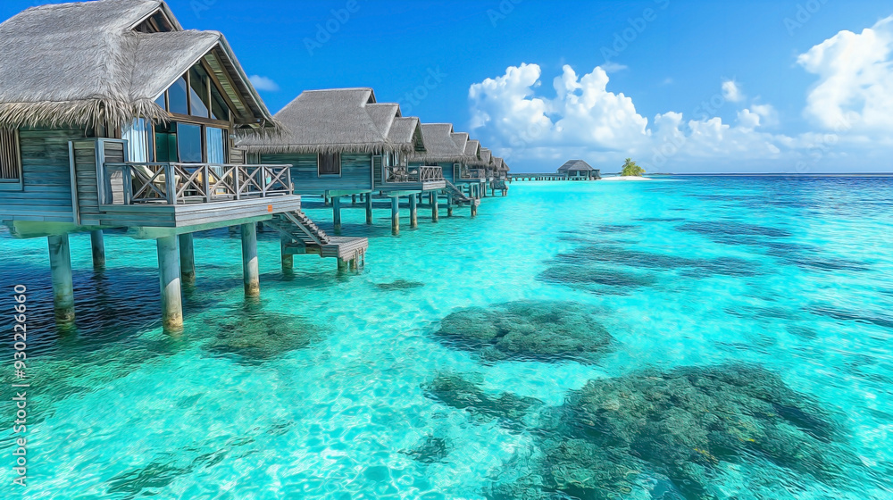 Fototapeta premium beautiful hotel houses on pillars over turquoise water in the Maldives. 