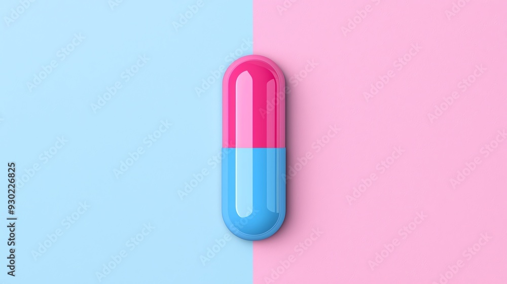 Colorful capsule on a split pastel background, representing health, wellness, and pharmacy. Perfect for medical and lifestyle concepts. Colorful capsule on a split pastel background, representing health, wellness, and pharmacy. Perfect for medical and lifestyle concepts.