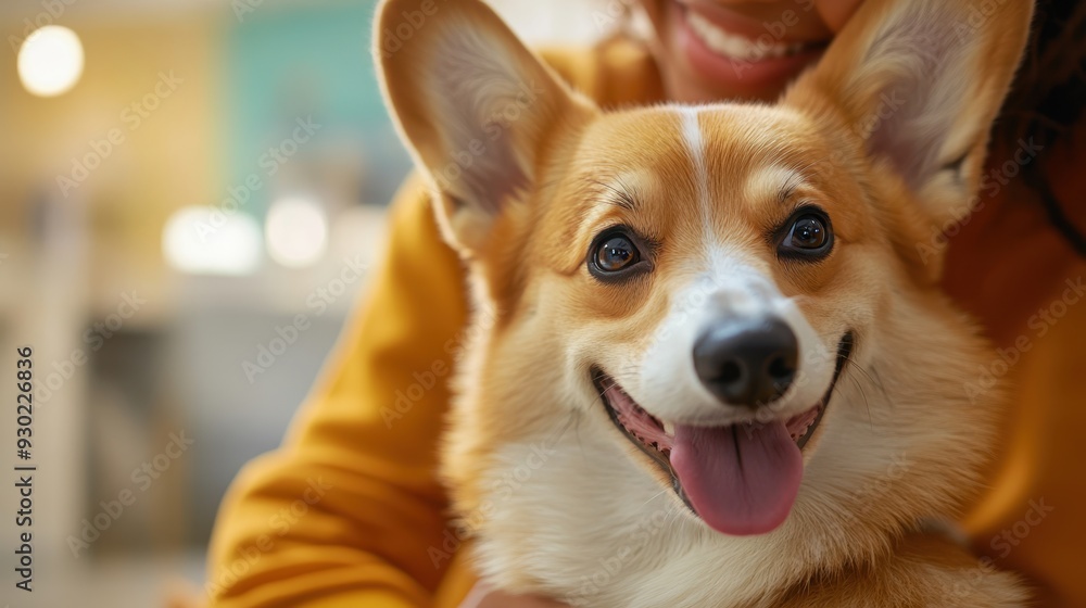 Close-up side view of a corgi dog sitting patiently in a vet clinic waiting room, with its African American female owner in an orange sweatshirt gently petting him, the clinic's clean and bright Close-up side view of a corgi dog sitting patiently in a vet clinic waiting room, with its African American female owner in an orange sweatshirt gently petting him, the clinic's clean and bright