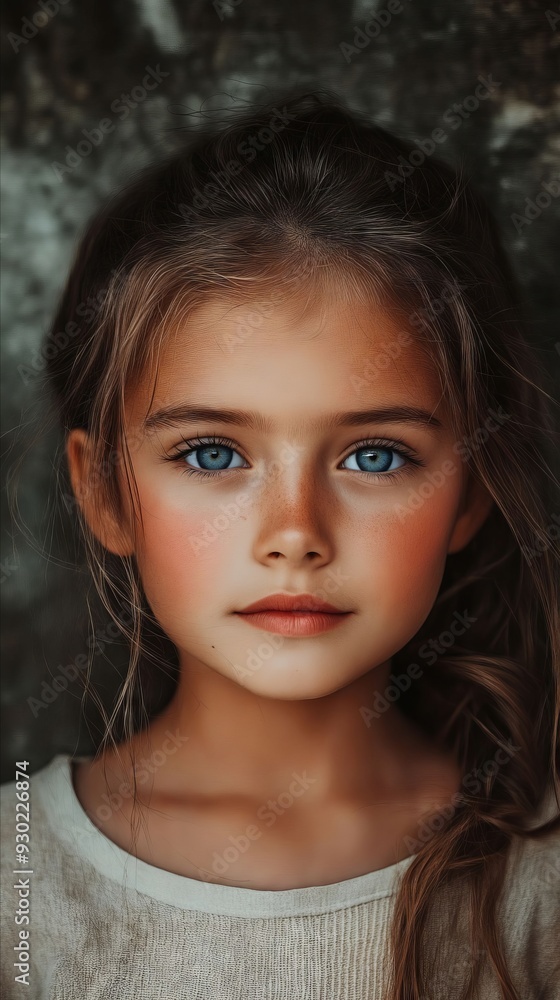A young girl with blue eyes looking at the camera