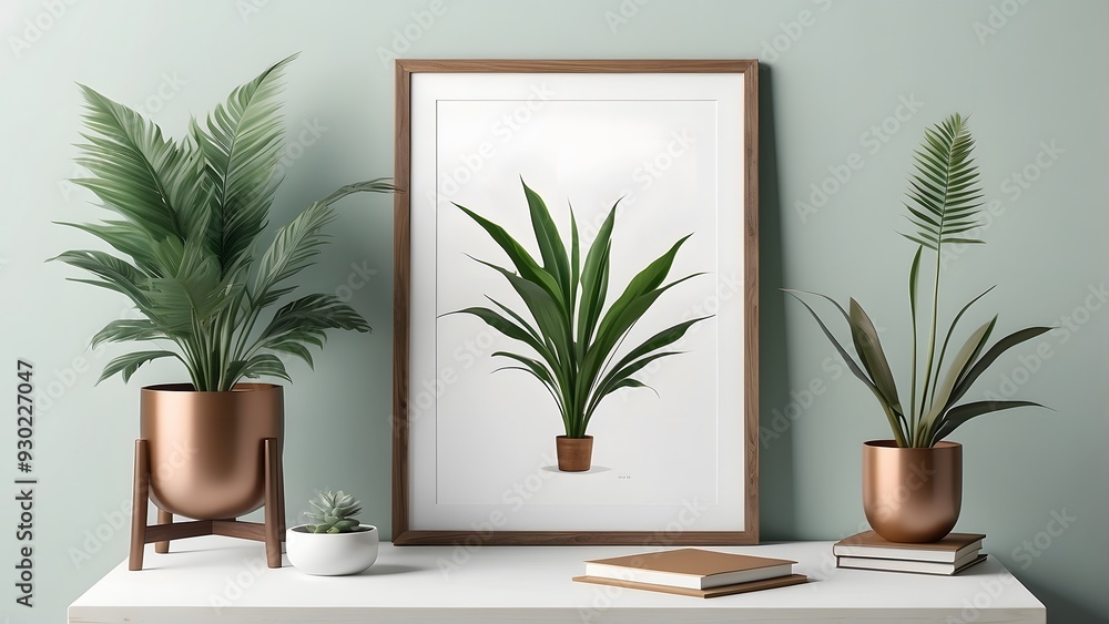 Wooden frame wall art poster mockup design, empty blank mockup on a table. green wall background theme Wooden frame wall art poster mockup design, empty blank mockup on a table. green wall background theme