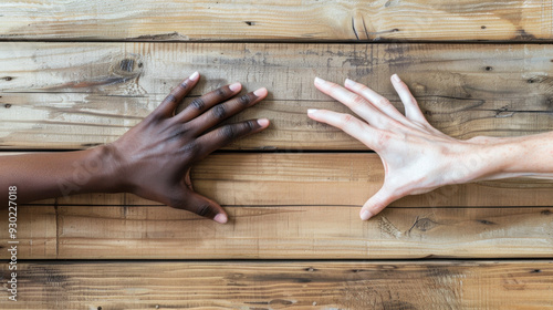 Two hands, one black and the other white, reaching out to each other on a wooden background. The concept is diversity in friendship or love.  photo