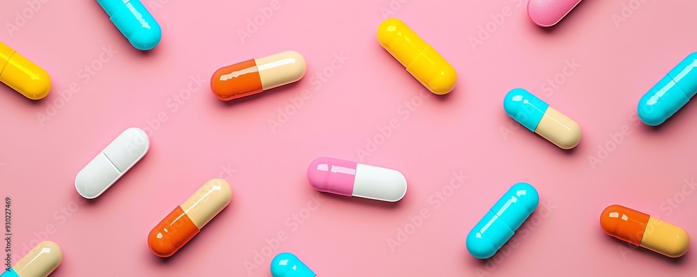 Colorful capsules scattered on a pink backdrop, showcasing various shapes and sizes for pharmaceutical and wellness themes. Colorful capsules scattered on a pink backdrop, showcasing various shapes and sizes for pharmaceutical and wellness themes.