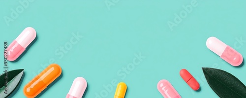 Colorful capsules scattered on a turquoise background, showcasing a vibrant and health-focused lifestyle. photo