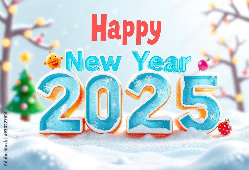 Fun, whimsical elements with bright colors and a sense of joy and creativity, text 'Happy New Year 2025' in block letters made of ice, with snowflakes gently falling around it in a winter scene, ai Fun, whimsical elements with bright colors and a sense of joy and creativity, text 'Happy New Year 2025' in block letters made of ice, with snowflakes gently falling around it in a winter scene, ai
