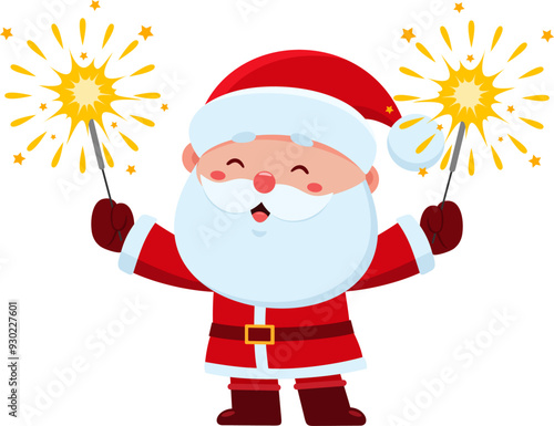 Cute Santa Claus Cartoon Character Holding A Sparklers. Vector Illustration Flat Design Isolated On Transparent Background