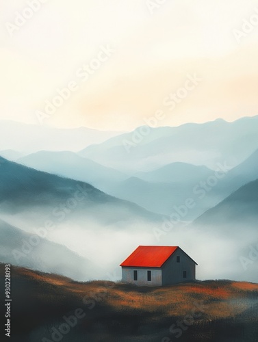 a lonely house with a red roof in the middle of a mountain morning landscape with a clear sky and fog. a lonely house on mountain landscape