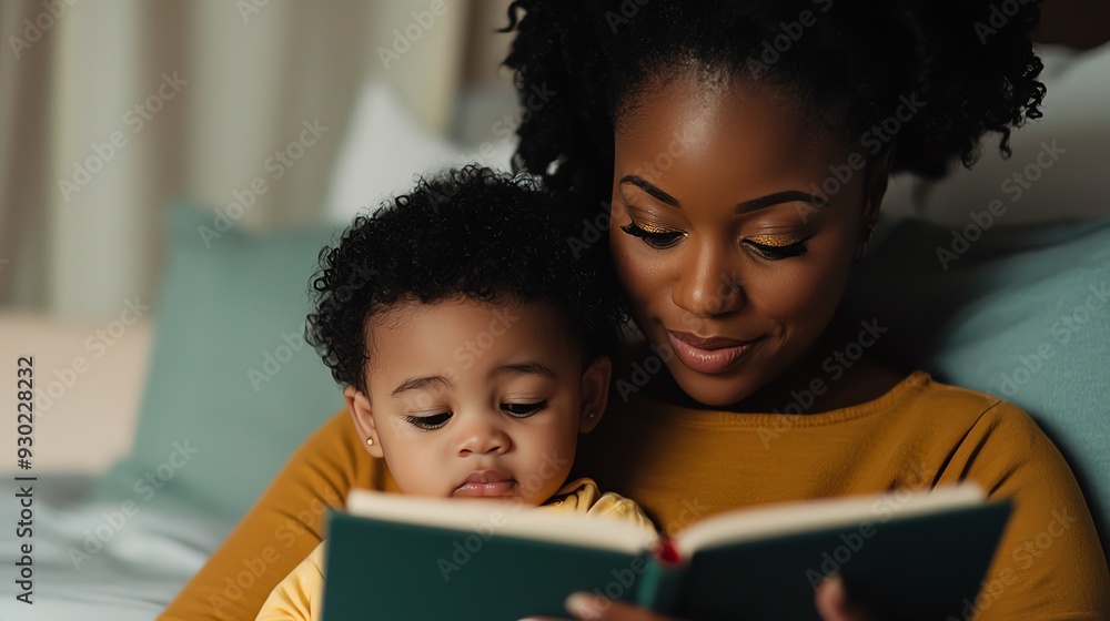 A caring mother and her child enjoying a story together, surrounded by warmth and comfort in a cozy indoor setting. A caring mother and her child enjoying a story together, surrounded by warmth and comfort in a cozy indoor setting.
