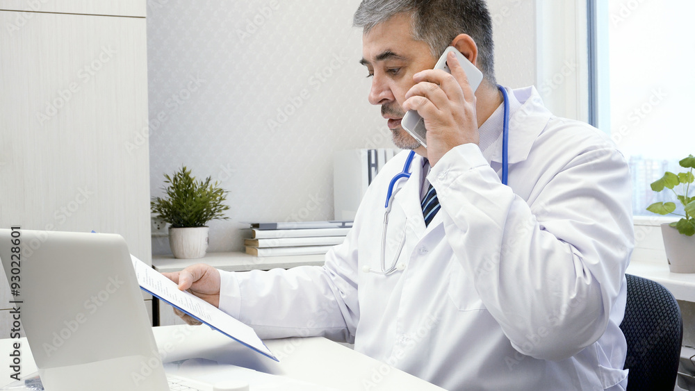 Male Doctor Talking on the Phone at His Desk Male Doctor Talking on the Phone at His Desk