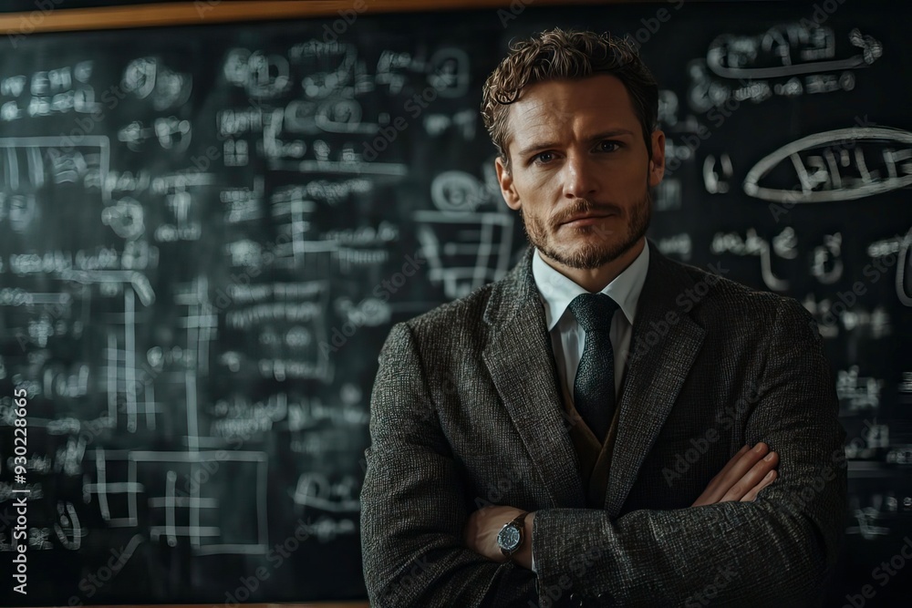 A confident man stands in front of a blackboard filled with complex equations, exuding intelligence and authority. A confident man stands in front of a blackboard filled with complex equations, exuding intelligence and authority.