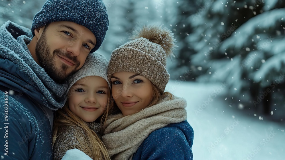 A happy family of three enjoying a snowy day in the woods, sharing warm smiles and cozy winter outfits in a magical winter wonderland.