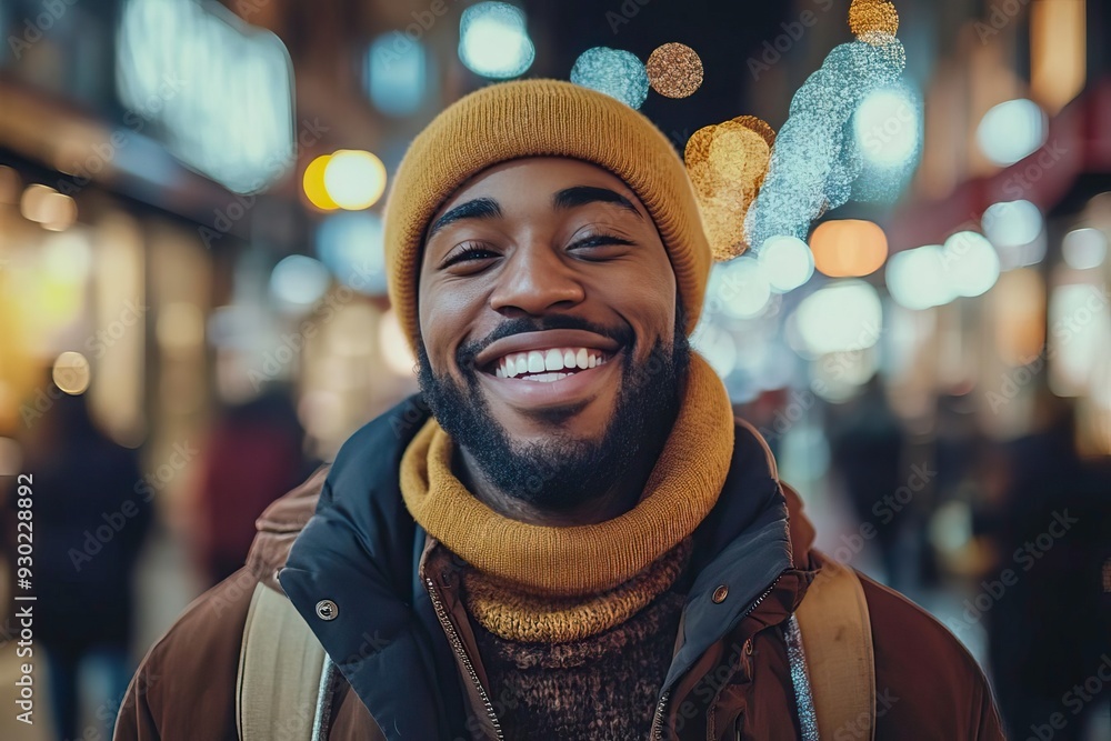 A joyful man smiles brightly in a festive urban setting, surrounded by glowing lights and cheerful ambiance, radiating happiness. A joyful man smiles brightly in a festive urban setting, surrounded by glowing lights and cheerful ambiance, radiating happiness.