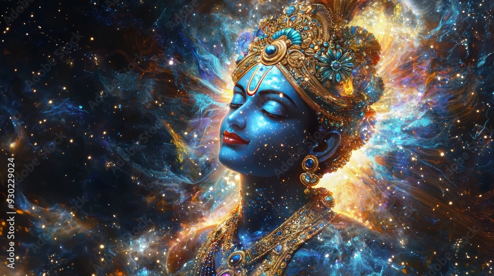 Lord Krishna with Cosmic Energy and Divine Light in a Celestial Realm Lord Krishna with Cosmic Energy and Divine Light in a Celestial Realm