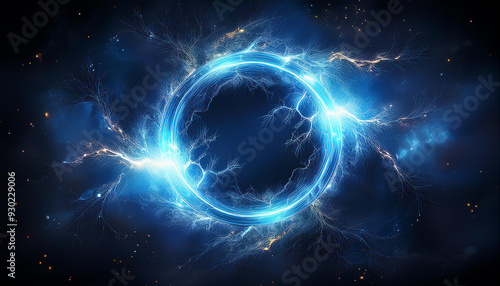 Abstract blue lightning circle on dark backdrop. Mysterious shape. photo