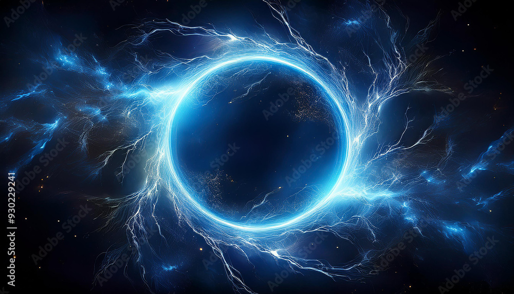 Obraz premium Abstract blue lightning circle on dark backdrop. Mysterious shape.