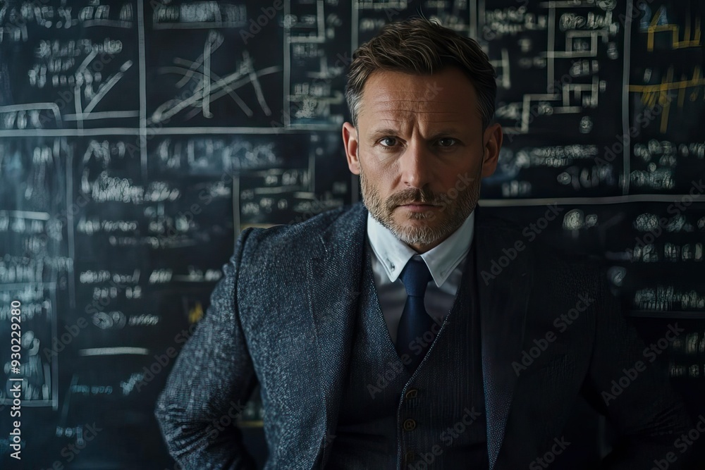 A serious businessman stands in front of a chalkboard filled with complex equations, exuding confidence and intellect. A serious businessman stands in front of a chalkboard filled with complex equations, exuding confidence and intellect.
