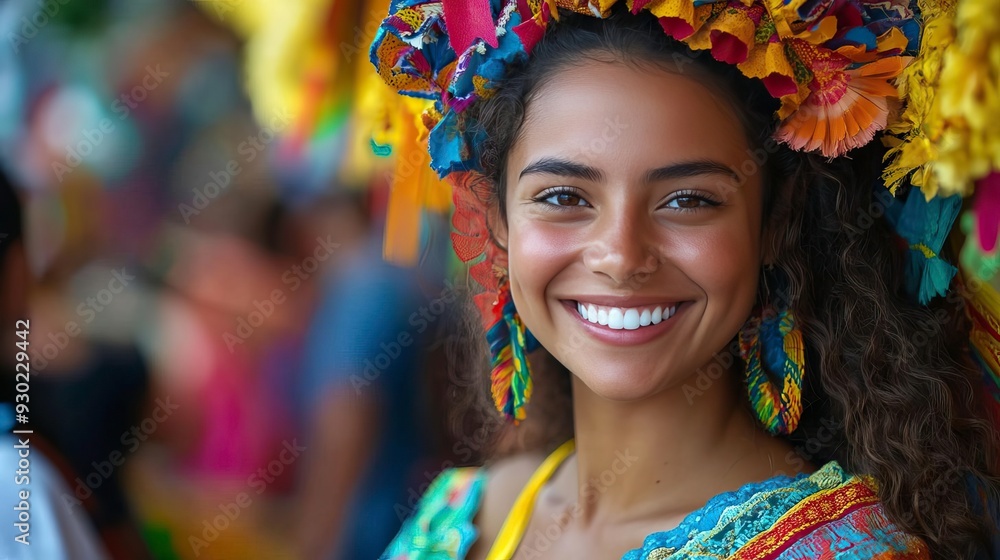 A vibrant portrait of a young woman smiling, adorned with colorful flowers and earrings, celebrating culture and joy. A vibrant portrait of a young woman smiling, adorned with colorful flowers and earrings, celebrating culture and joy.
