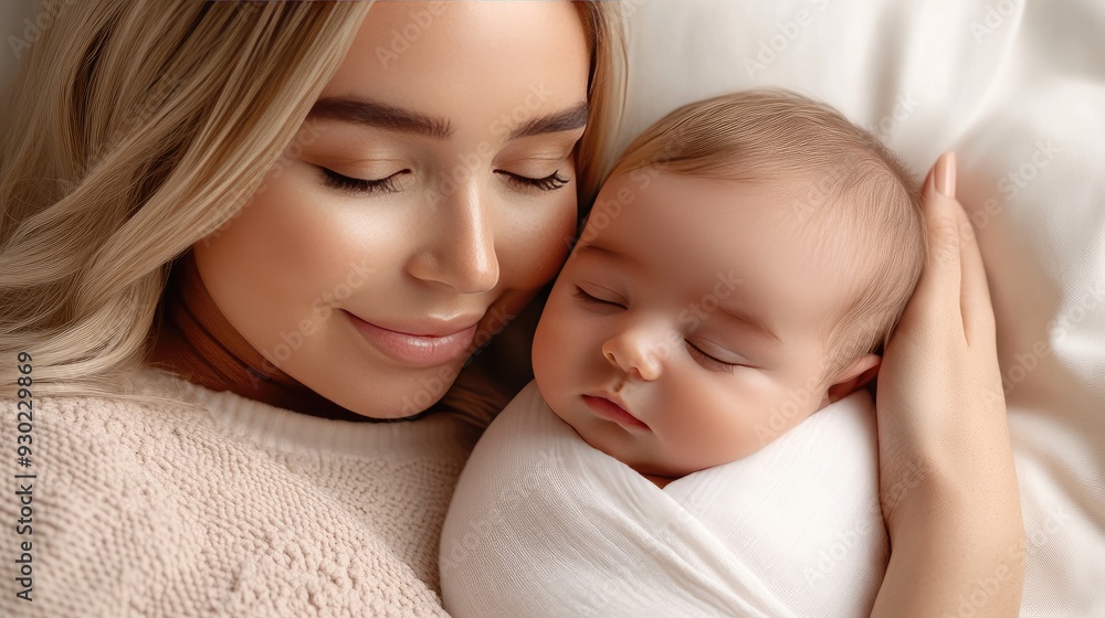 A mother lovingly cuddles her newborn baby on the couch, surrounded by a warm beige knitted blanket in a serene living room setting A mother lovingly cuddles her newborn baby on the couch, surrounded by a warm beige knitted blanket in a serene living room setting