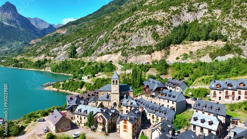 scenic lake in Spanish Pyrenees aerial view, summer in the Spanish Pyrenees, hiking in the Pyrenees in Spain, Lanuza medieval village in Spanish Pyrenees