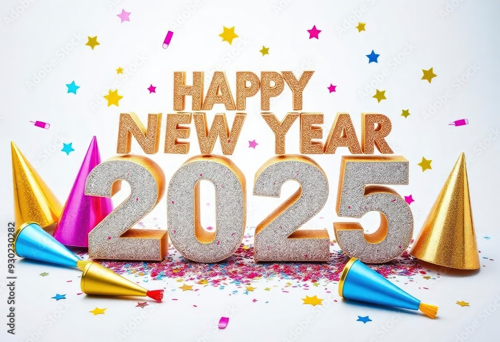 text 'Happy New Year 2025' in 3D letters, adorned with glitter and surrounded by colorful party hats and noisemakers, ai text 'Happy New Year 2025' in 3D letters, adorned with glitter and surrounded by colorful party hats and noisemakers, ai
