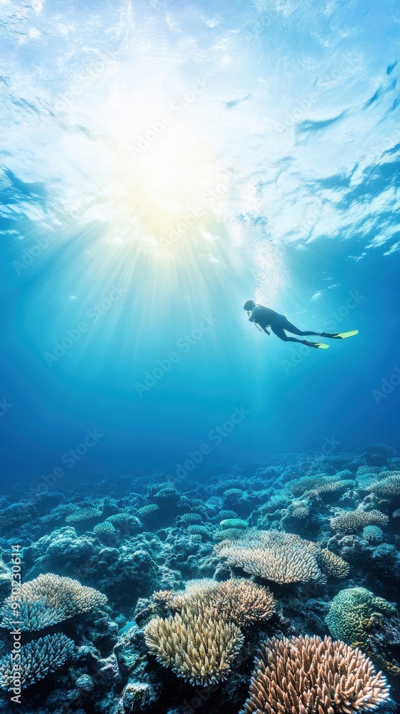 A traveler exploring a protected marine reserve, snorkeling to observe ...