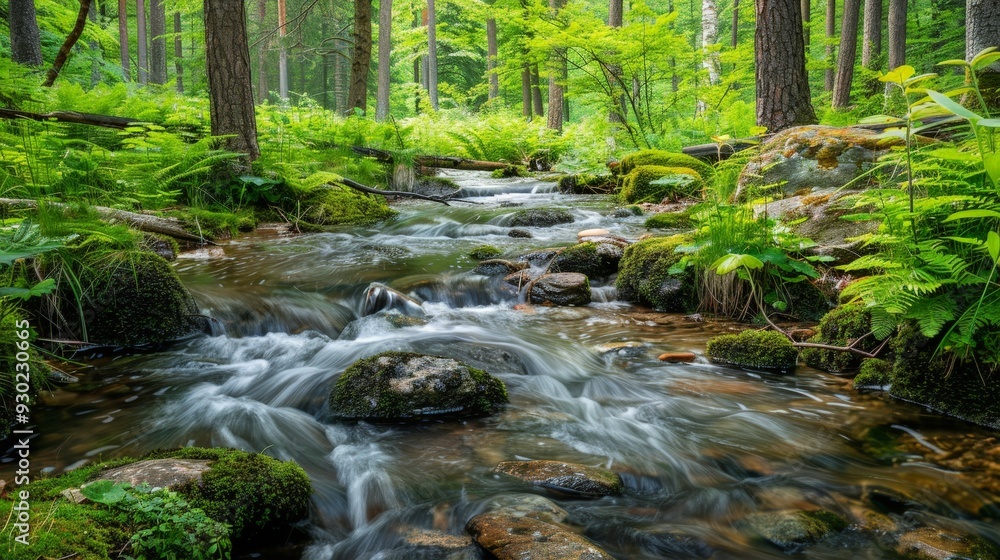 Forest streams babble over rocks, their clear waters reflecting the greenery of their surroundings. Forest streams babble over rocks, their clear waters reflecting the greenery of their surroundings.